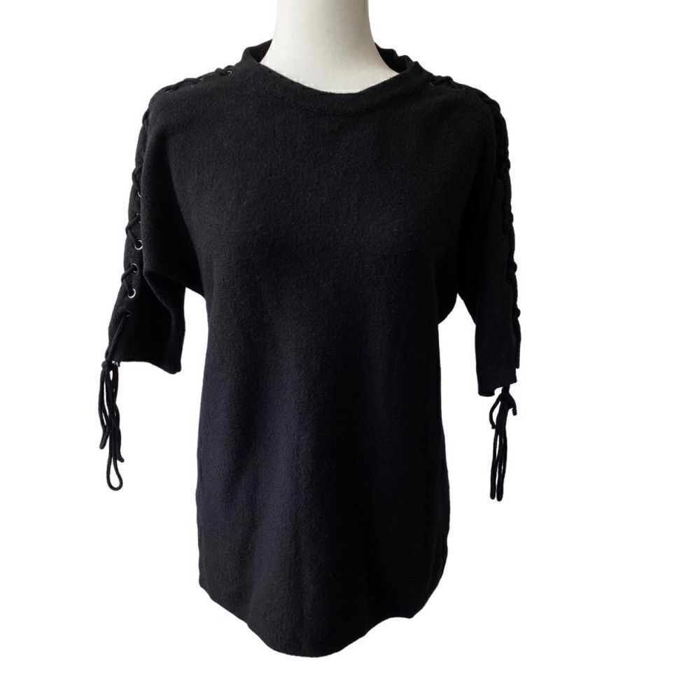 She + Sky Black Pullover Sweater Half Sleeves Braided SZ OS